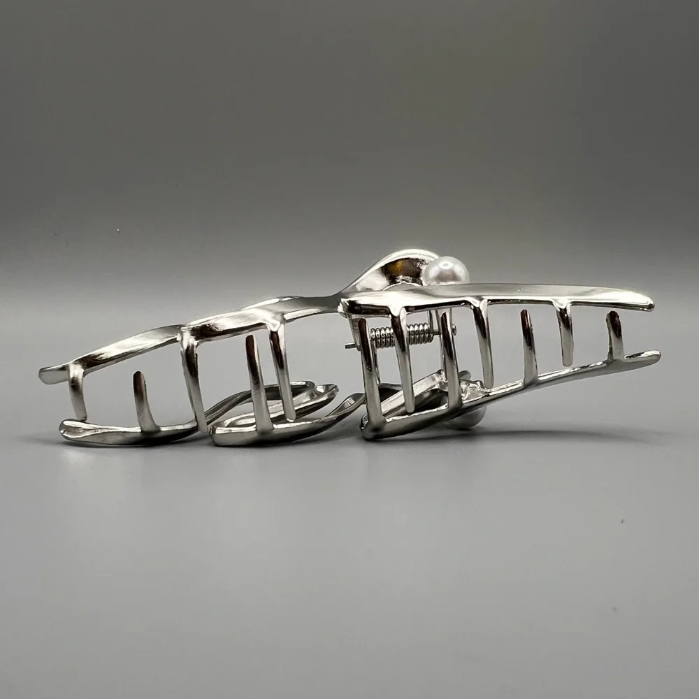 Silver Wave Hair Clip with Pearl Accent